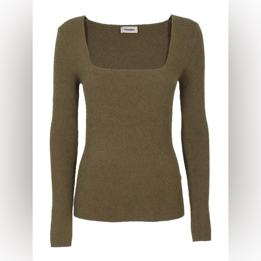 Nanushka Womens Medium Ambru Square Neck Top Olive Green Long Sleeve Jumper NWOT